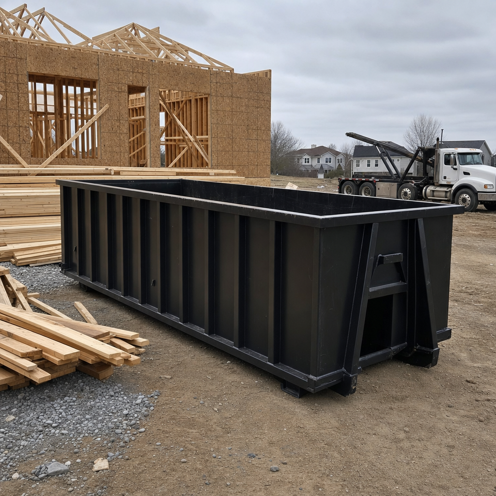 Matte-black 40-yard roll-off dumpster staged on a framed-out residential construction site in Toledo, framing lumber stacked nearby, hooklift delivery truck visible in the background under bright Colorado daylight