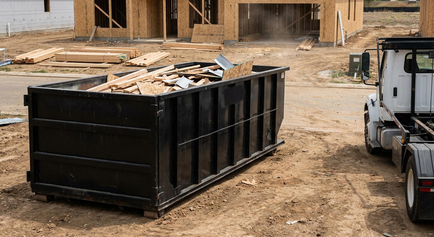 Matte-black 20-yard roll-off construction dumpster with heavy ribbed steel sidewalls and swing rear doors at a working jobsite in Toledo, sitting directly on compacted dirt with an unmarked white hauler partially visible at the far edge of the frame.