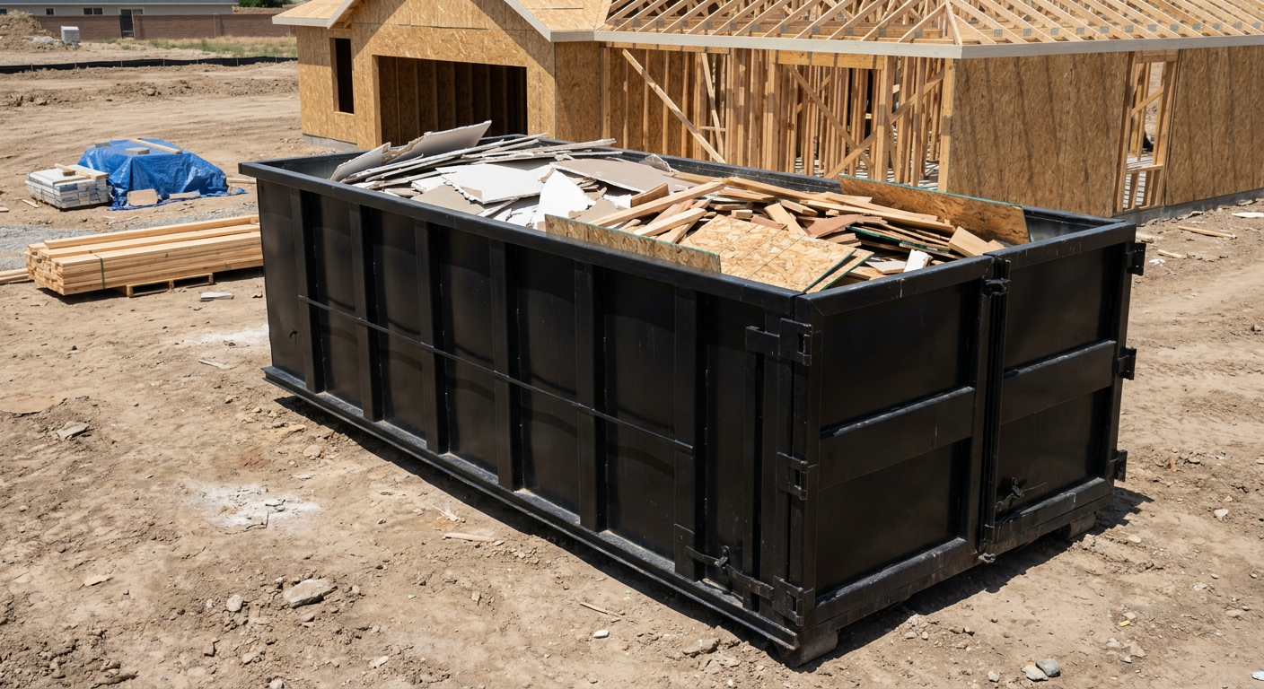 Matte-black 30-yard roll-off construction dumpster sitting directly on the compacted-dirt site of a framed single-family home build in Toledo, drywall and lumber scrap loaded inside.