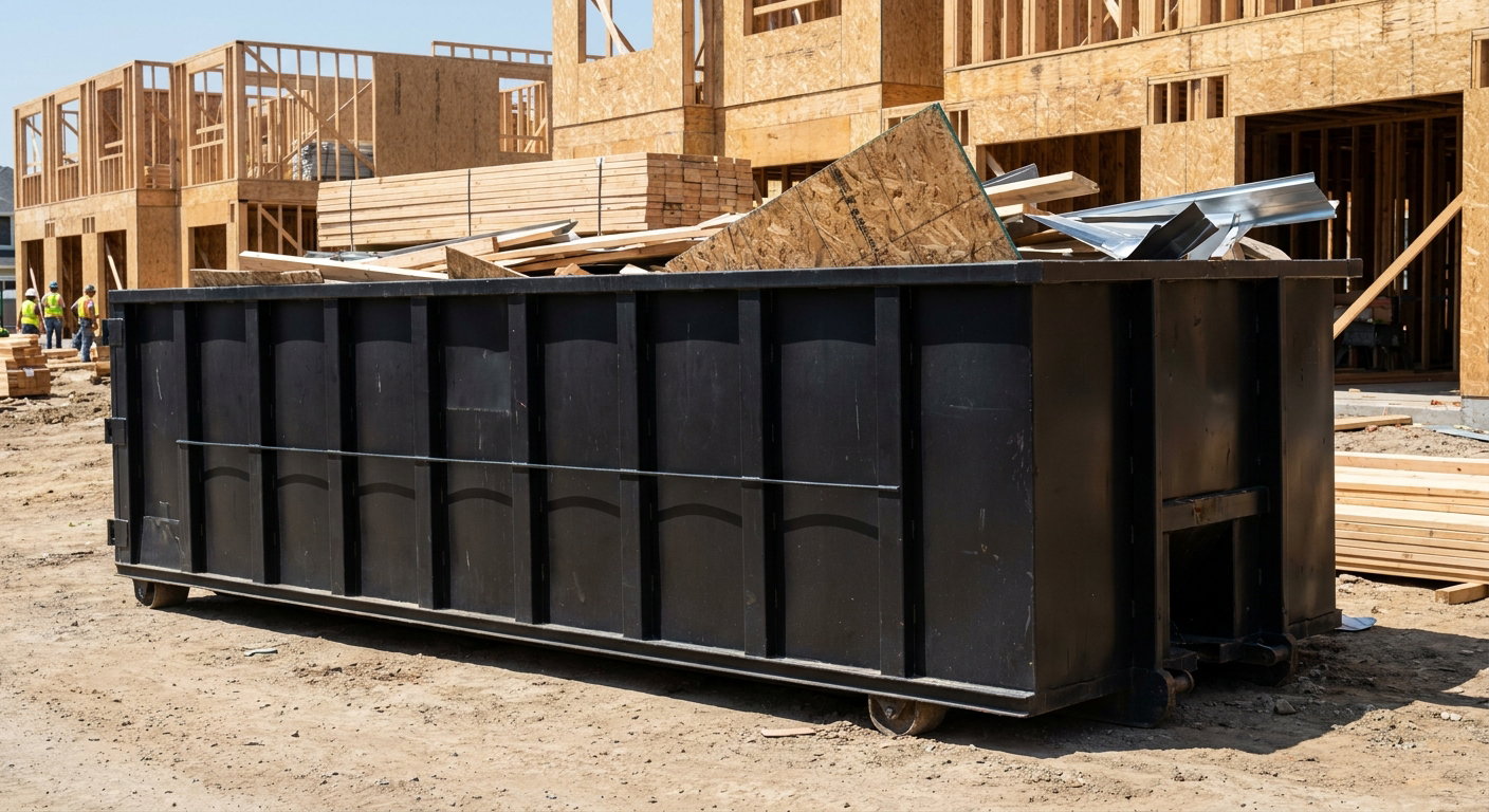 Matte-black 40-yard roll-off construction dumpster being lowered from a white-cab hooklift delivery truck onto the compacted-dirt jobsite at a commercial build site in Toledo