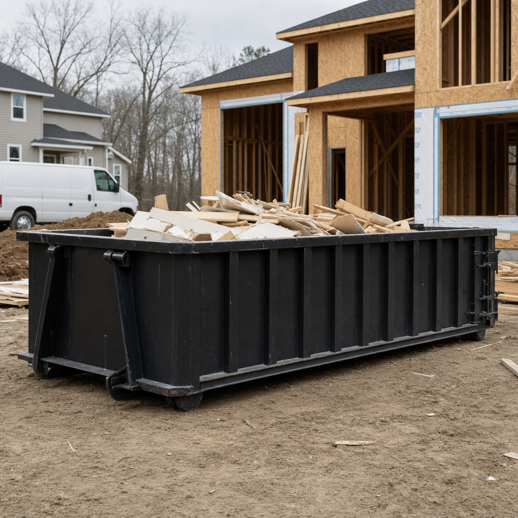Worker in a yellow high-visibility vest tossing framing lumber and broken drywall into a matte-black 30-yard construction roll-off dumpster on an active build site in Toledo, bright daylight