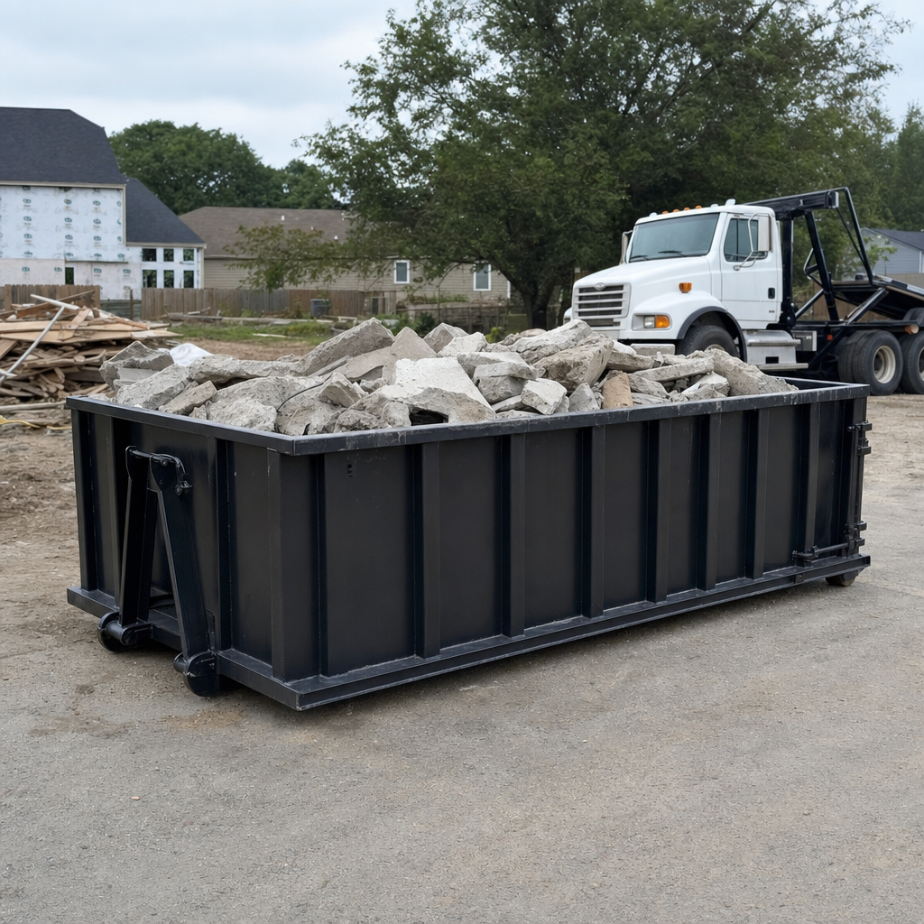 Low-profile matte-black lowboy roll-off dumpster loaded with broken concrete slab and rebar at a foundation tear-out in Toledo, skid steer parked beside it, sunny Colorado morning