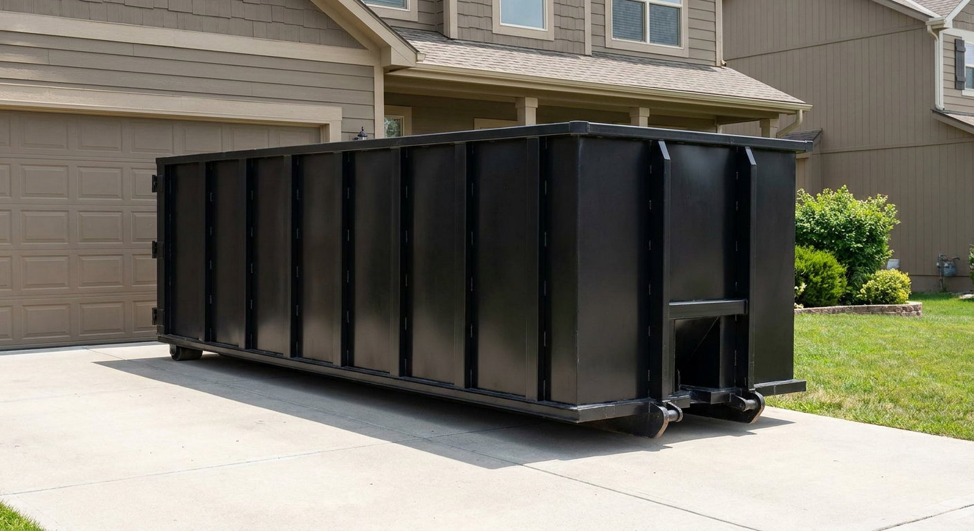 Matte-black residential roll-off dumpster sitting directly on a suburban Toledo concrete driveway, garage door closed, single-family home in background, bright morning daylight.