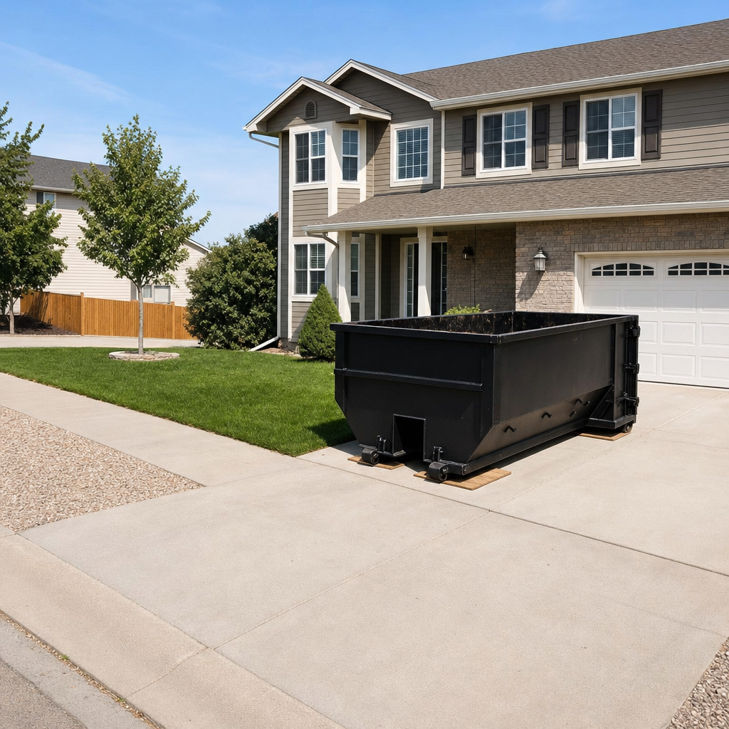10-yard matte-black residential dumpster placed directly on a narrow Toledo concrete driveway, room remains for a parked sedan beside it, mid-morning natural light