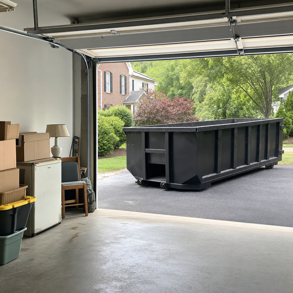 Open garage interior in a Toledo home mid-cleanout — boxed items, an old appliance, and stacked yard tools queued near the driveway for a matte-black roll-off dumpster, organized and calm