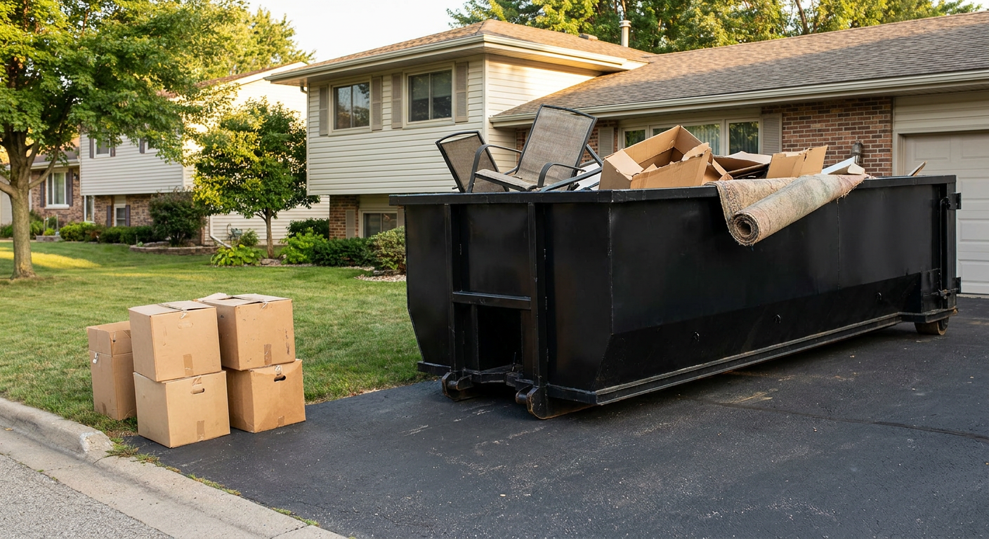 Front-yard view of a Toledo split-level home with a 20-yard matte-black roll-off dumpster sitting directly on the asphalt driveway, a few clearly labeled donation boxes staged at the curb, calm sunny afternoon.