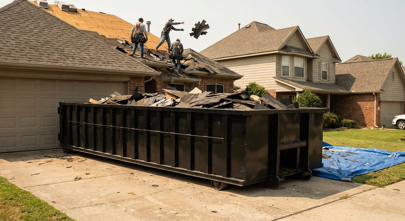 Matte-black roofing roll-off dumpster placed directly on a Toledo residential concrete driveway, a tear-off crew on a two-story asphalt-shingle roof tossing shingle bundles into the low-walled container, bright daylight, documentary 35mm perspective.