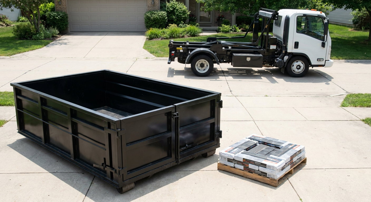 Matte-black 15-yard roofing roll-off dumpster with reinforced low side walls sitting directly on a Toledo residential concrete driveway, three-tab asphalt shingle bundles stacked nearby, an unmarked white hauler truck partially visible at the edge of the frame.