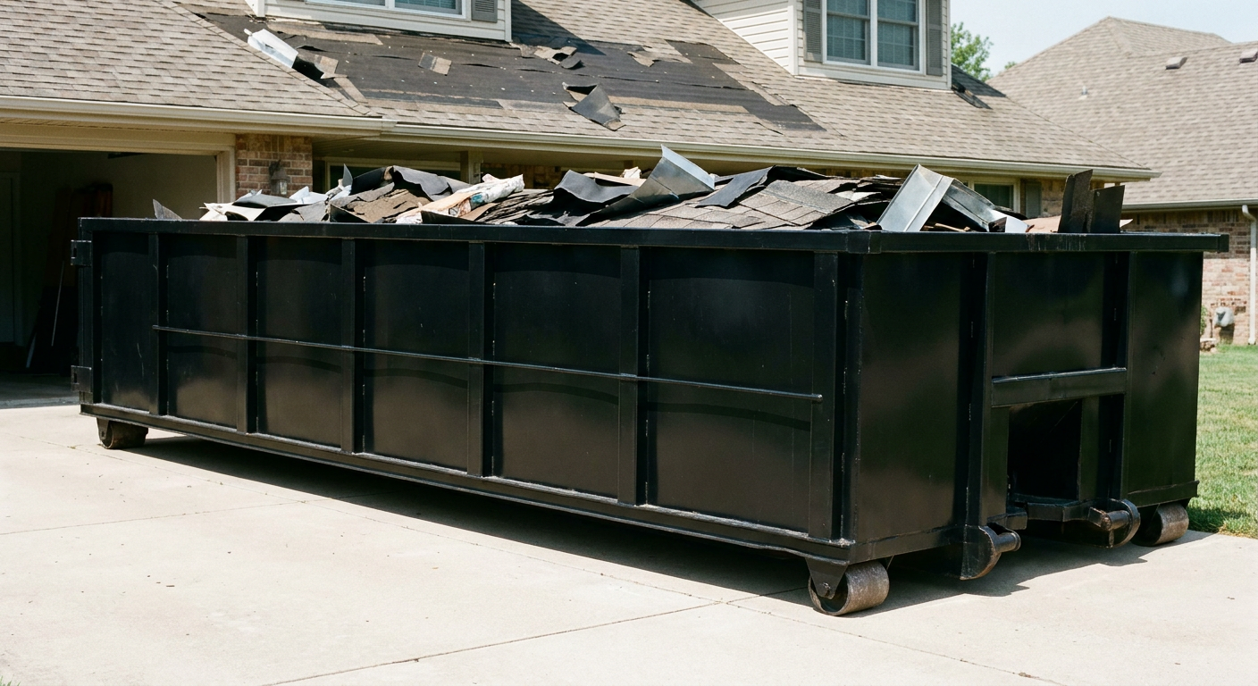 Matte-black 20-yard roofing roll-off dumpster with steel ribbed sides and swinging rear door, sitting directly on the concrete driveway of a two-story Toledo home, asphalt shingle debris being loaded over the low wall, clean documentary lighting.