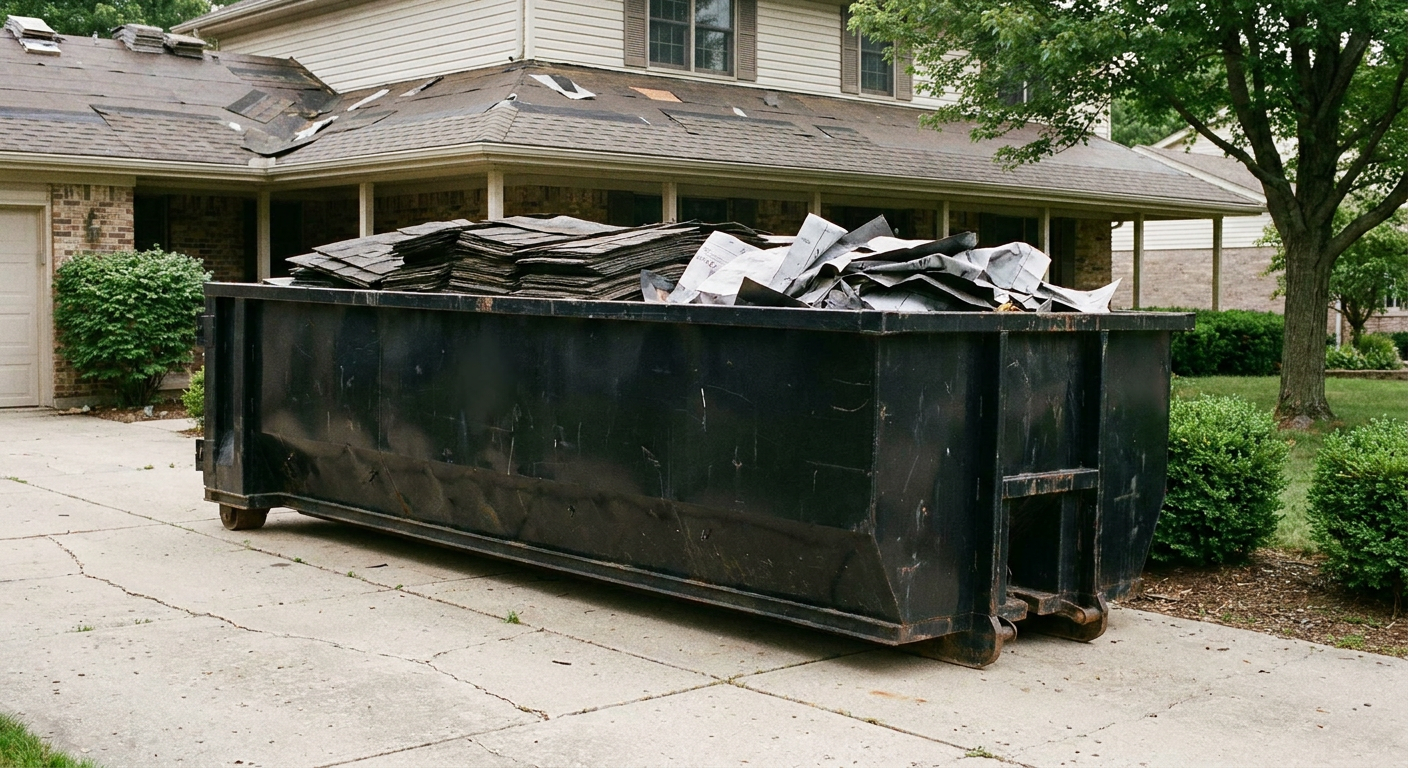 Matte-black 30-yard roofing roll-off dumpster sitting directly on a Toledo concrete driveway, taller ribbed steel side panels, mixed tear-off debris of asphalt shingles and underlayment inside, professional documentary daylight.
