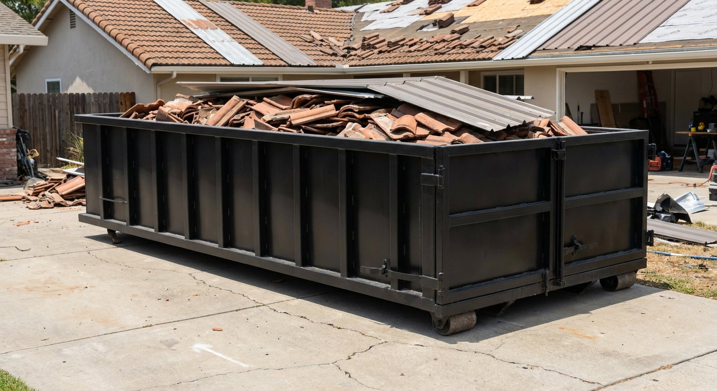 Matte-black low-wall heavy-debris roofing roll-off dumpster sitting directly on a Toledo concrete driveway, broken concrete clay roof tiles and metal panel sections loaded inside, reinforced ribbed steel side walls visible, bright outdoor daylight.