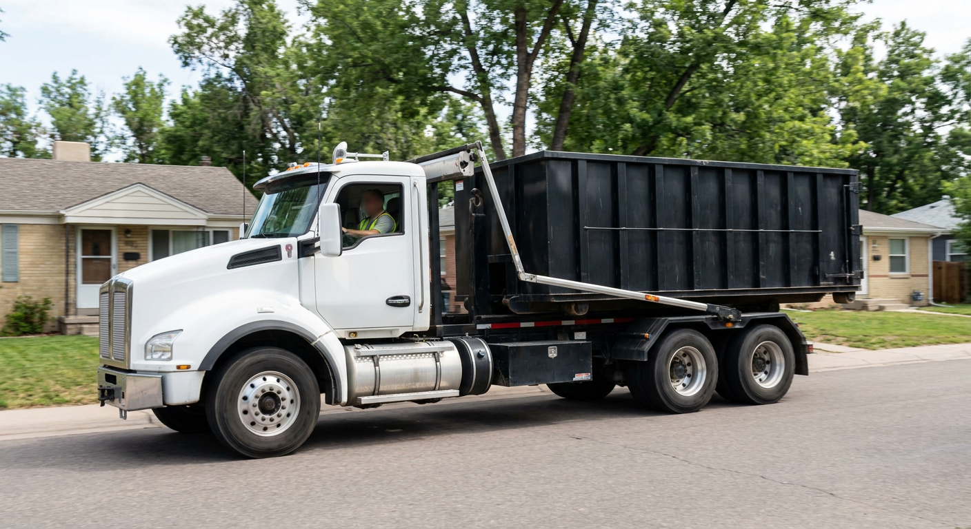 A wide documentary shot of a matte-black roll-off delivery truck pulling onto a quiet Toledo residential street at mid-morning, with neighborhood rooftops and tree-lined blocks visible behind, showing the metro coverage footprint.