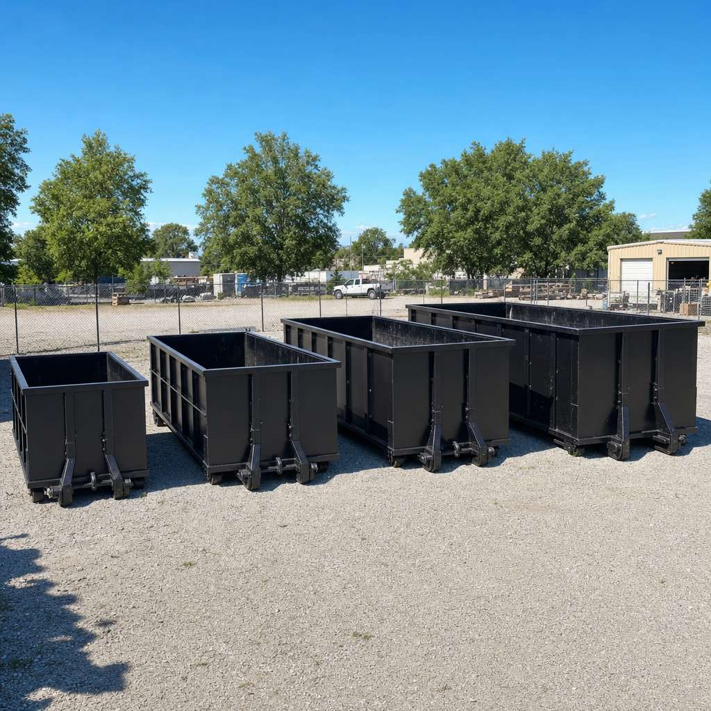 A clean lineup of matte-black roll-off dumpsters in 10, 20, 30, and 40-yard sizes staged on a sunlit gravel yard in Toledo, showing the size progression from compact to commercial-scale containers.