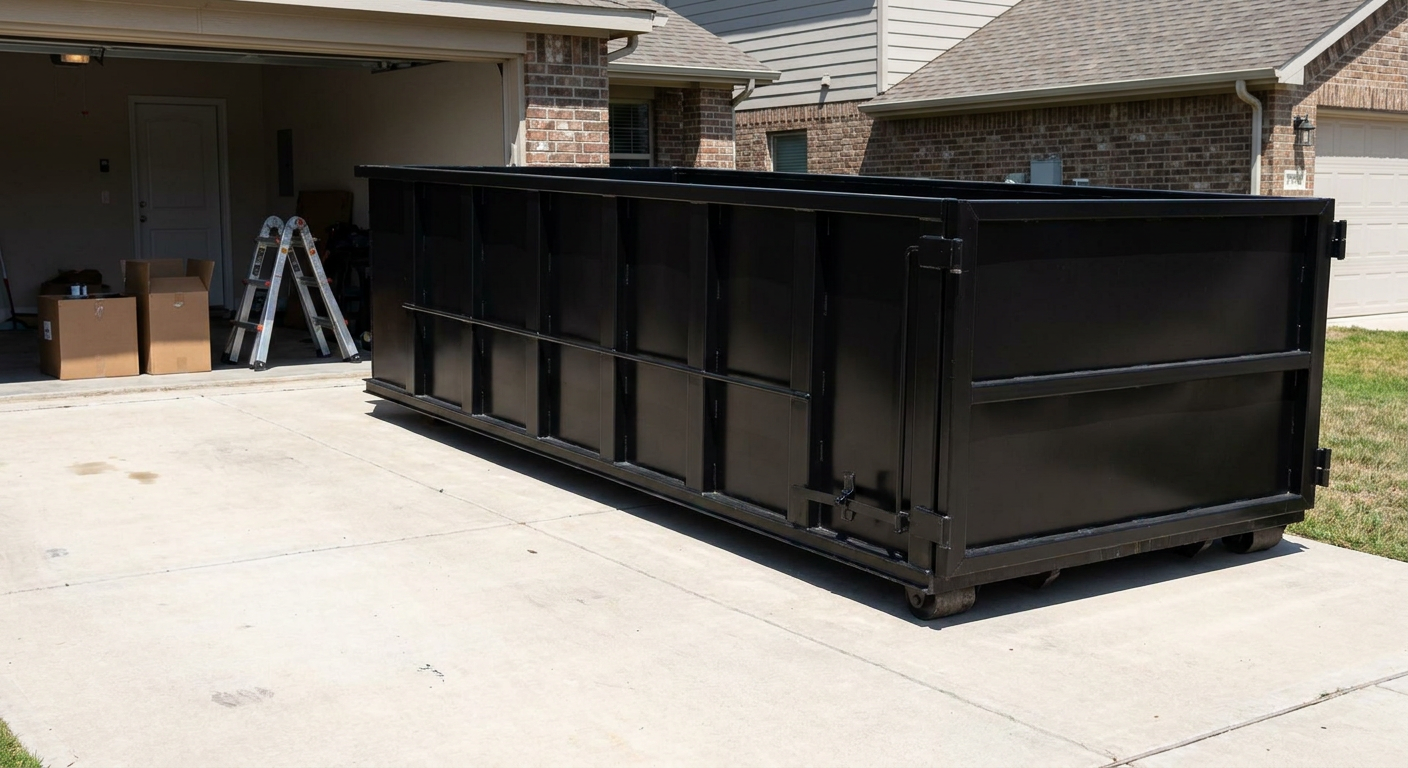 A matte-black 10-yard roll-off dumpster sitting directly on a residential Toledo concrete driveway, mid-day sunlight, clean and ready for a garage cleanout.