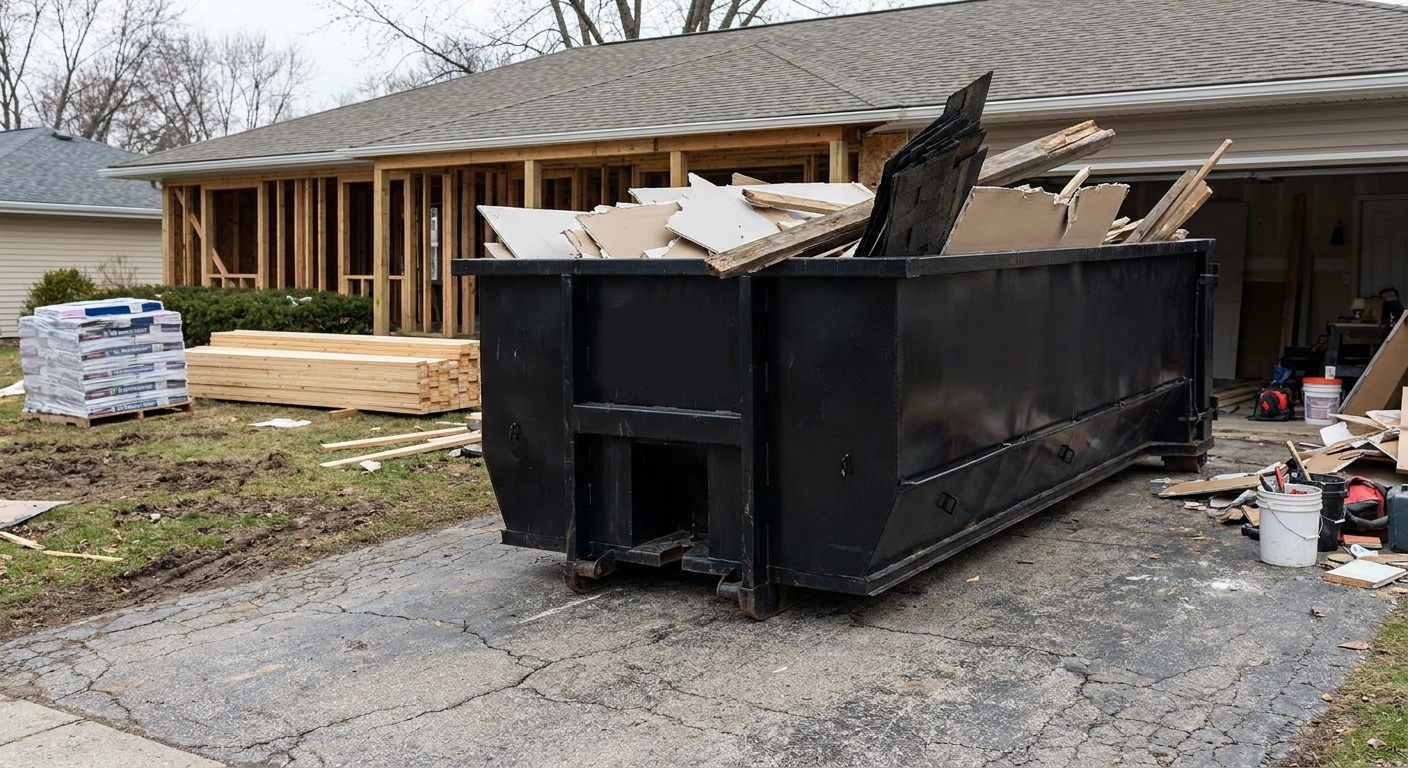 A matte-black 20-yard roll-off dumpster placed alongside a mid-renovation Toledo home directly on the asphalt driveway, with framing materials and torn-off shingles staged neatly nearby.