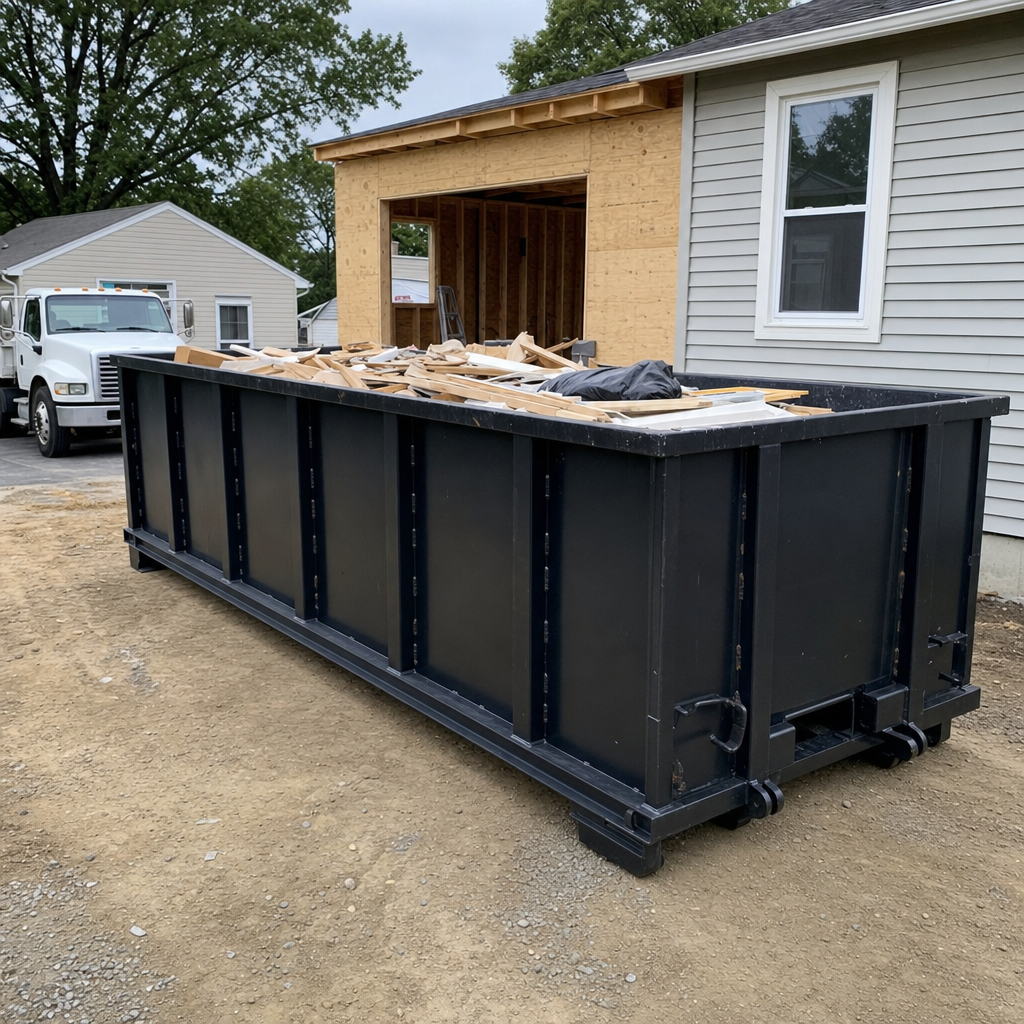 A matte-black 30-yard roll-off dumpster positioned at a Toledo residential addition jobsite, with framing lumber and drywall scraps loaded through the open swinging rear doors.
