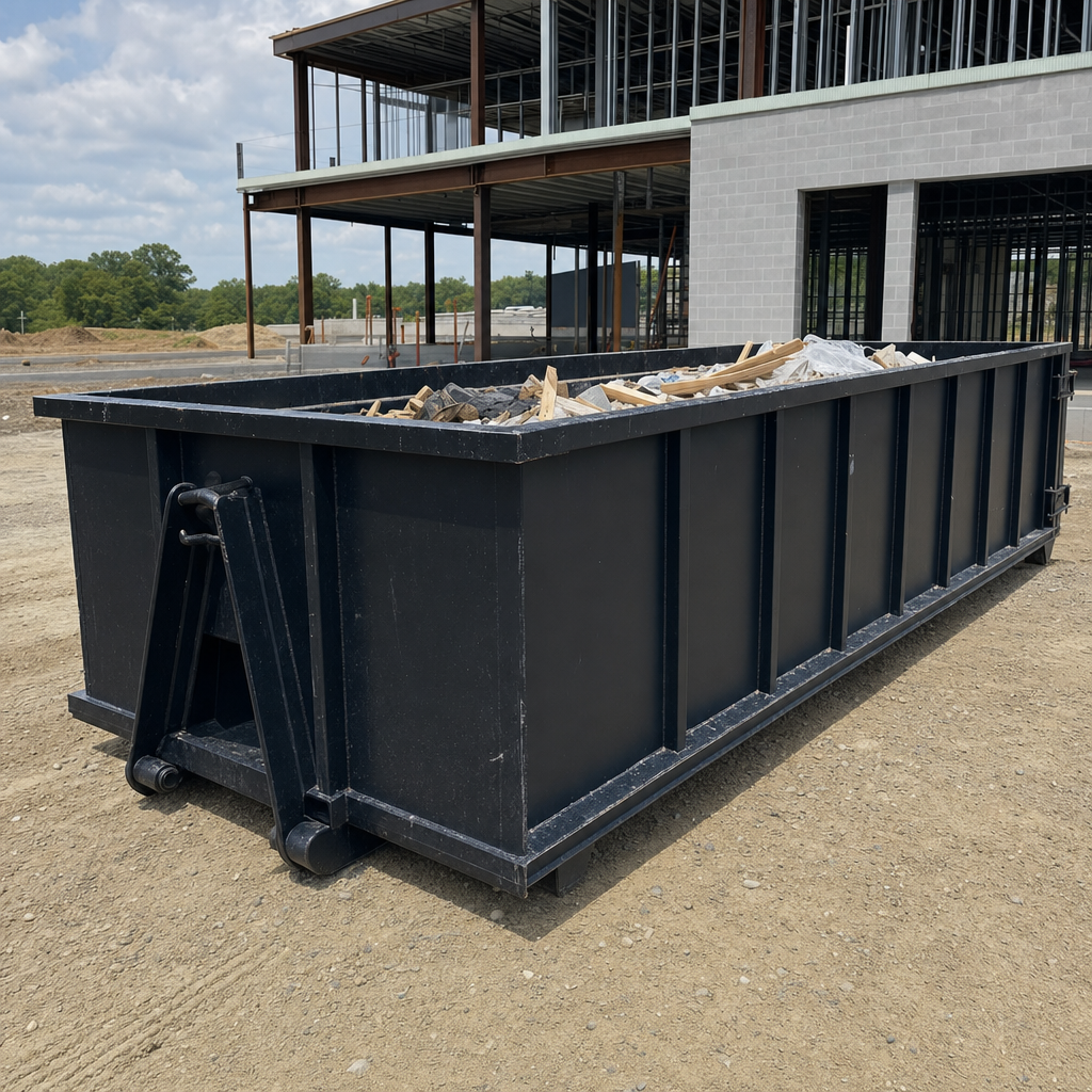 A matte-black 40-yard roll-off dumpster staged on a large Toledo commercial construction lot, with a hooklift delivery truck parked alongside under bright midday sky.