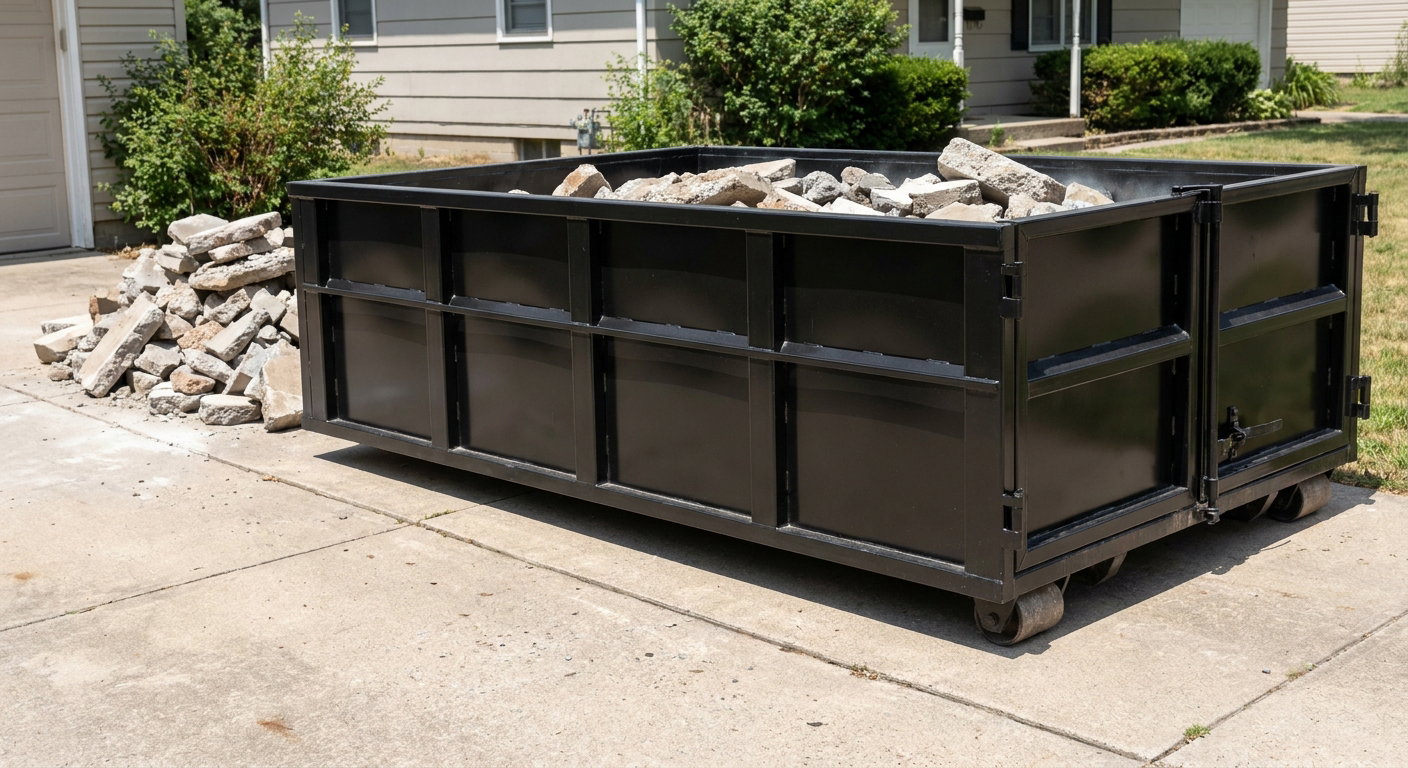 A matte-black low-side heavy-debris roll-off dumpster placed directly on a Toledo concrete driveway, with broken concrete chunks neatly stacked beside it under clean daylight.