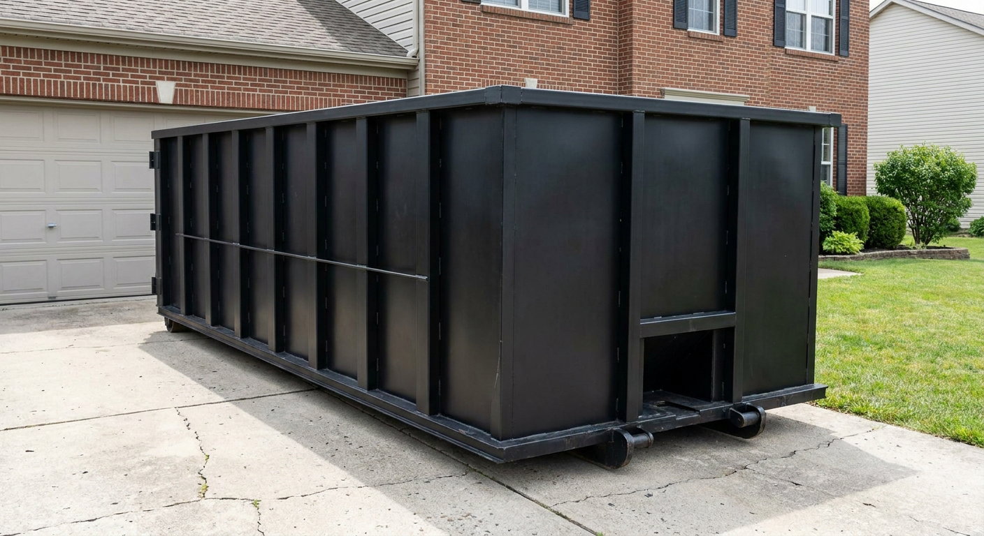 Matte-black 20-yard roll-off container on a Toledo residential concrete driveway with reinforced ribbed steel sidewalls and a hinged rear walk-in door, clean bright daylight.